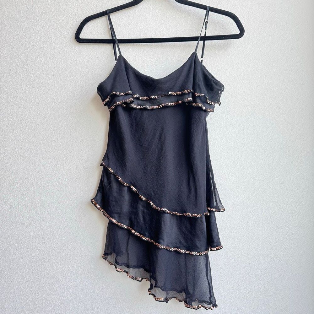 Vintage 100% Silk Black Beaded Tiered Asymmetrical Camisole Blouse Size Medium